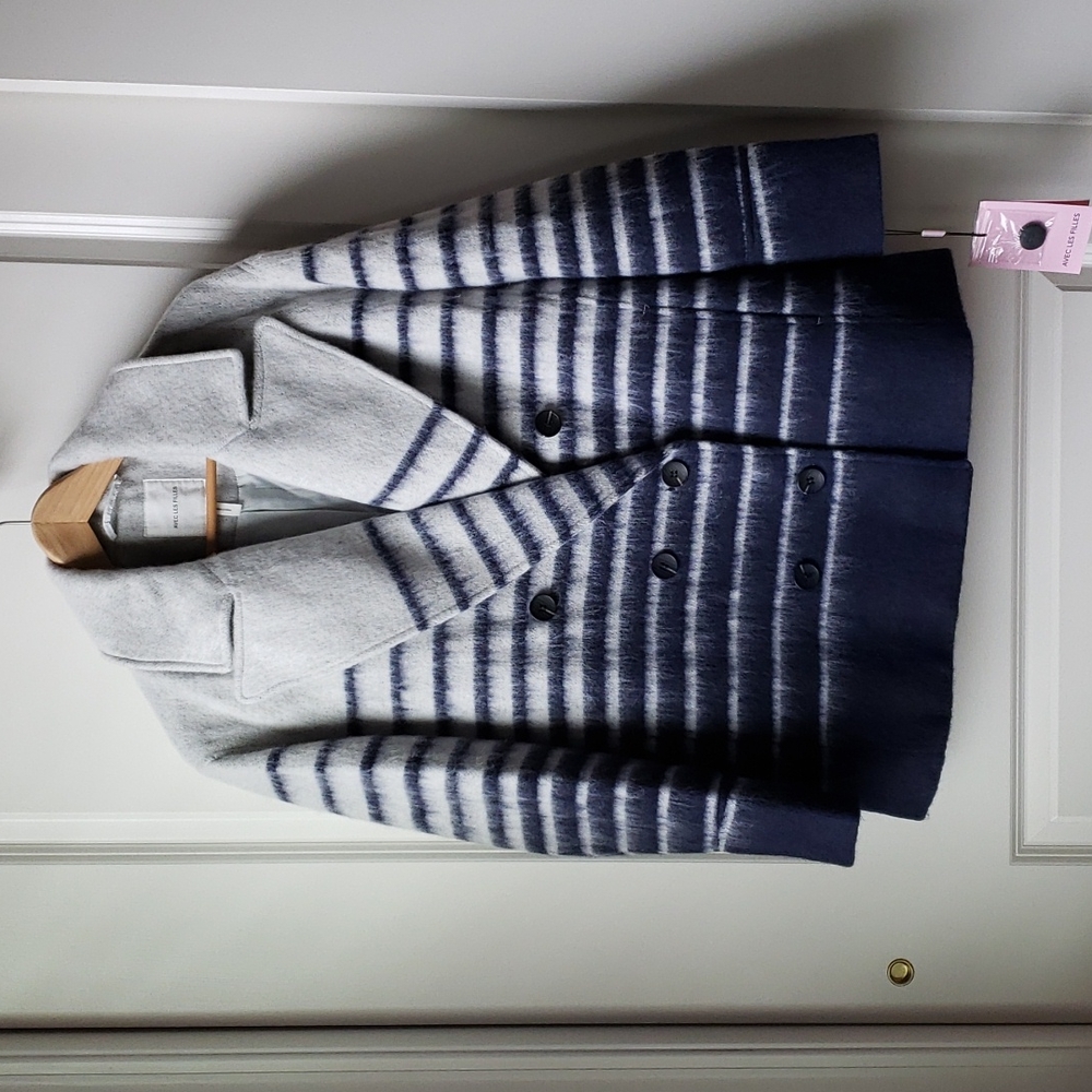 Avec Les Filles Sailor Stripe Double Breasted Peacoat Navy and White Size M NWT